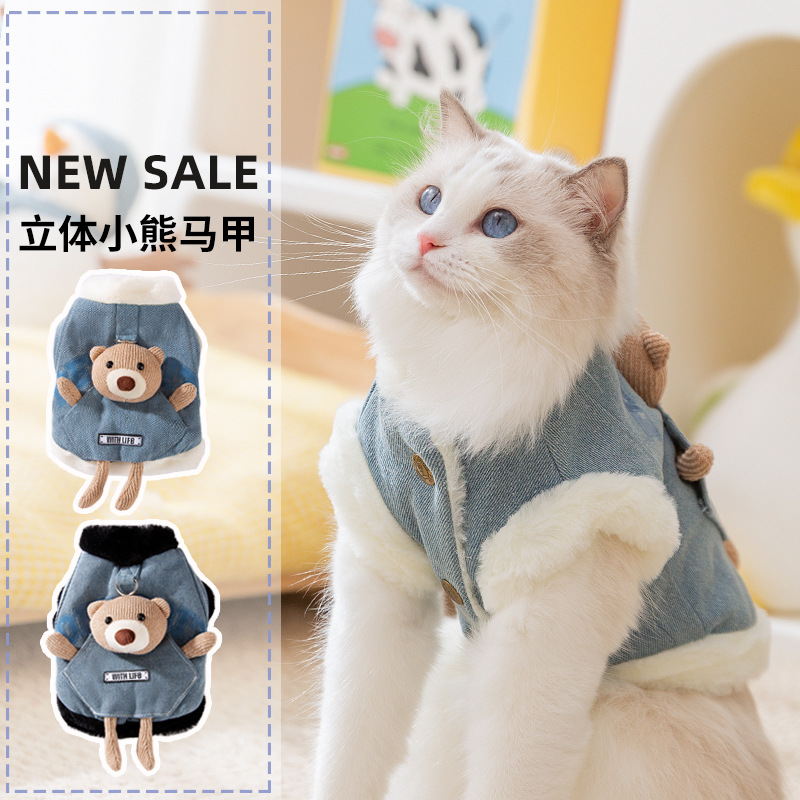 Bolsillo estereoscópico oso vaquero tracción chaleco sin mangas de dos patas mascota gato otoño invierno grueso ropa de gato mascota