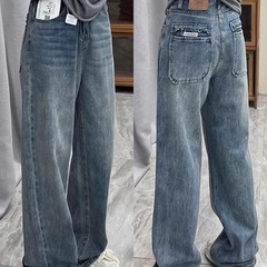 复古蓝阔腿宽松牛仔裤女秋冬加绒高腰大码显瘦胖mm梨形身材直筒裤