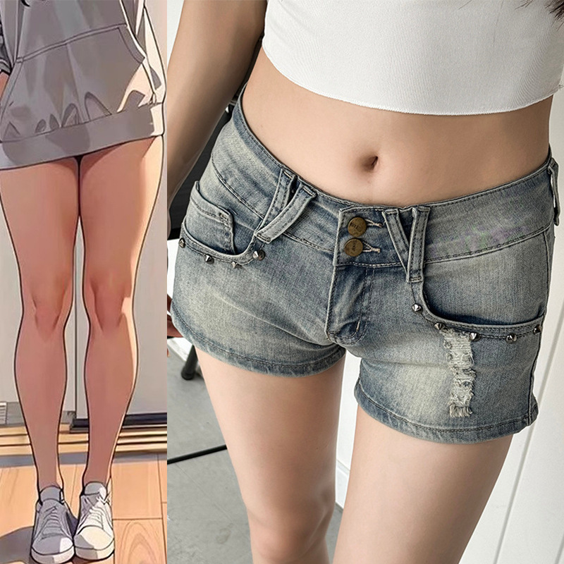 Design Sense Willow Nail Low Waist Denim Shorts Women's Summer American Style Retro Small Hot Girl Stretch Hip Hot Pants Trendy
