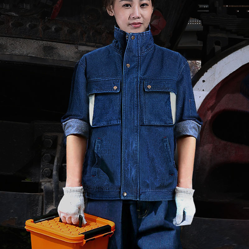 立领牛仔工作服套装男装电焊工作服防烫耐磨劳保服棉服上衣套装|undefined