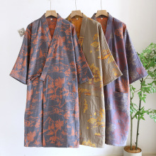 春夏男士和服睡袍纯棉色织提花浴袍大码200斤全棉纱布浴衣汗蒸服