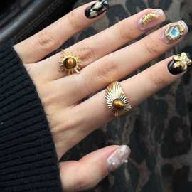 18k真金电镀圆形虎眼石开口戒指美拉德秋冬食指戒复古百搭手饰女