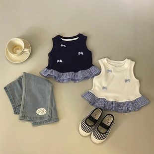 South Korea Children's Wear Girls' Top 25 Summer New Arrival Women's Baby Cute Bow Stitching Plaid Vest Trendy