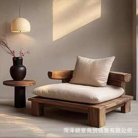 侘寂风老榆木单人沙发实木休闲躺椅庭院民宿落地休闲榻茶室休闲椅
