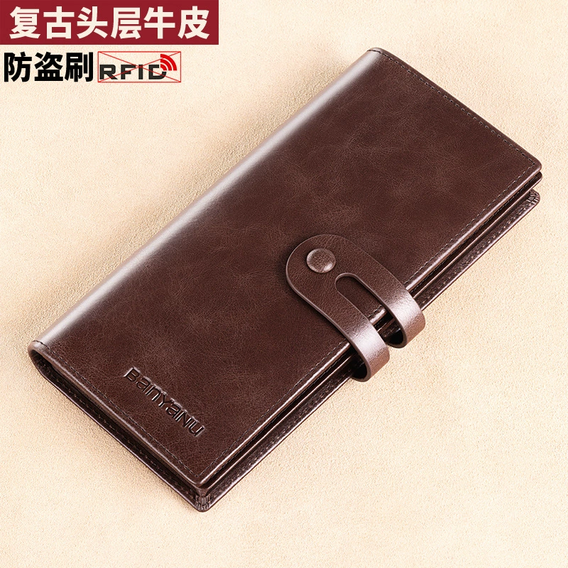 Long leather capacious wallet with zipper, maxi length, cowhide