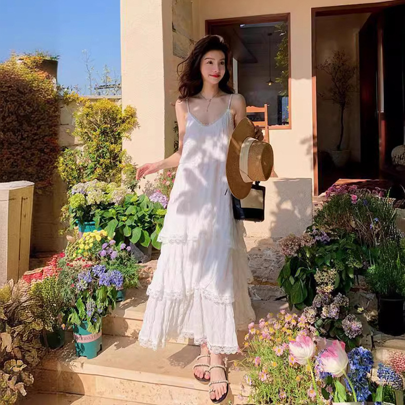 fairy white dress seaside holiday beach dress high-grade french long dress strap dress summer loose