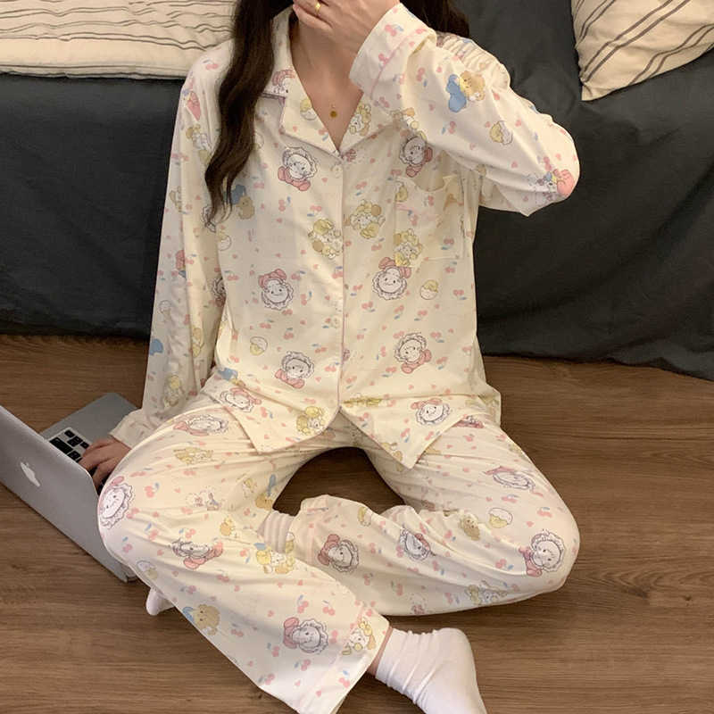 El comercio exterior de primavera y otoño pijamas algodón para las mujeres ins lindo dibujos animados solapa cardigan suelta delgada vestir prendas exteriores homewear