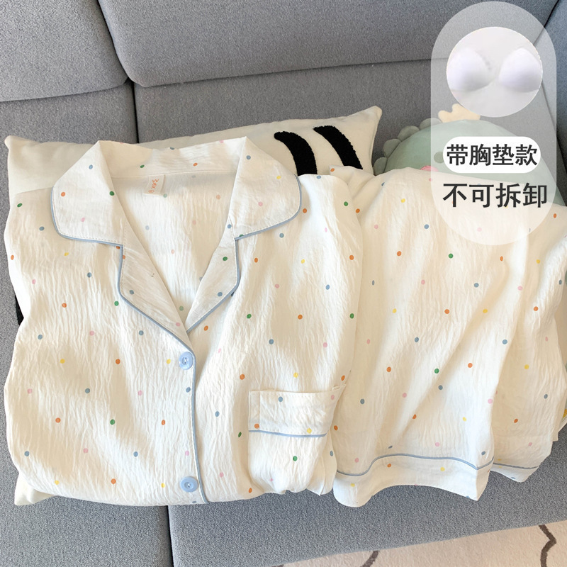 带胸垫可爱小狗云朵纯棉纱睡衣女款春秋季长袖学生少女家居服夏天|undefined
