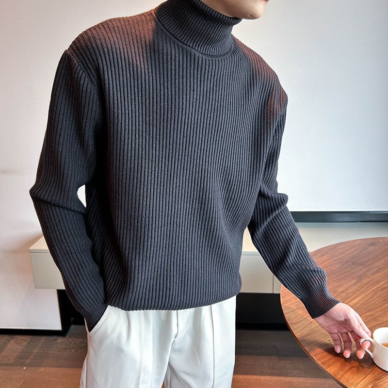 Men's Casual High Neck Striped Sweater Loose Knit Pullover_voghion.com