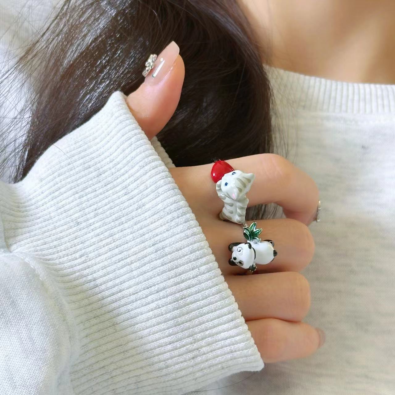 Cute cartoon pandas, adorable, minimalist design, fashionable trend, ring for women