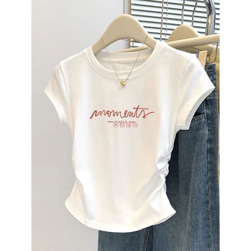 Casual Style White Round Neck Waist-Cinching Short-Sleeved T-Shirt for Women, Non-Contrasting Design, High-Quality Cotton, Slim Fit, Fashionable and Versatile Top Casual Style White Round Neck Waist-Cinching Short-Sleeved T-Shirt for Women, Non-Contrasting Design, High-Quality Cotton, Slim Fit, Fashionable and Versatile Top