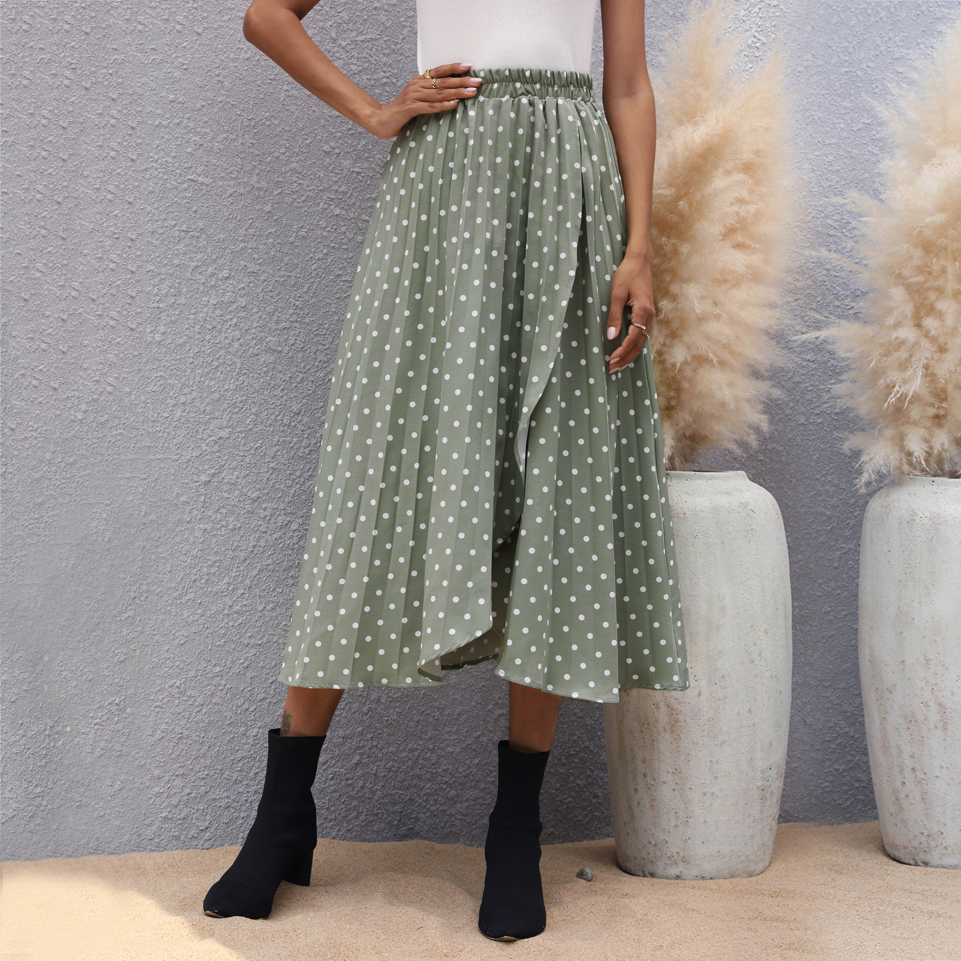 polka dot green chiffon skirt  NSHZ35280