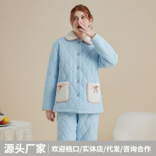 新款冬天女加厚保暖夹棉珊瑚绒睡衣套装加绒可外穿舒适冬季家居服
