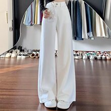2025秋冬新款白色阔腿牛仔裤女高腰宽松加绒垂感小个子直筒拖地裤