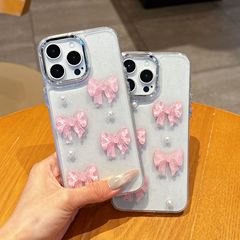ins粉色蝴蝶结珍珠适用iphone16promax手机壳透明简约苹果保护套