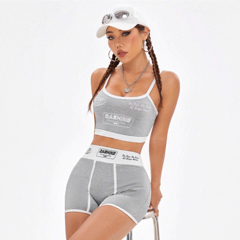 2025 New Summer Letter Print Stitching Sling Casual European and American Summer Sports Style Vest Suit Y2K