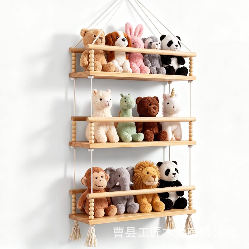 Wooden Plush Toy Storage Rack Wall-Mounted Doll Organizer Display Rack Children's Toy Wooden Partition Shelf