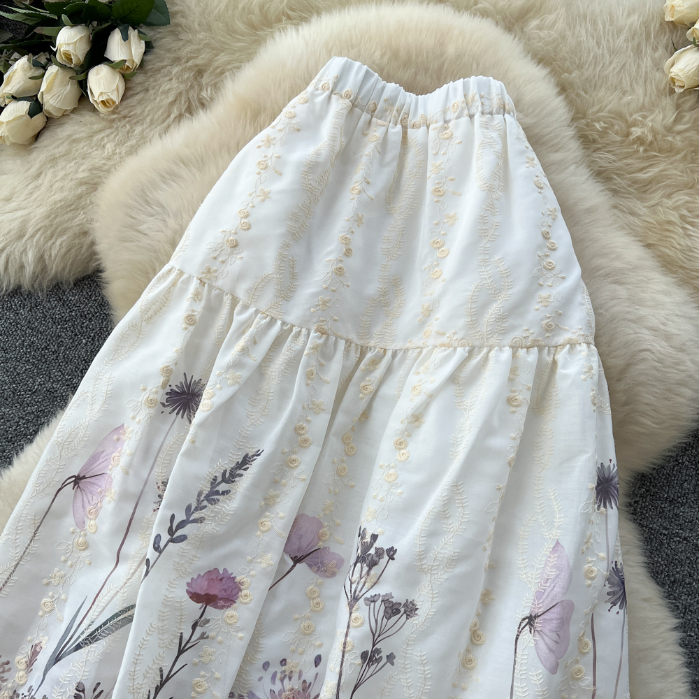 Women's French Sweet Style Floral Print Patchwork A-Line Midi Skirt High Waist Slimming mid Length Summer Fairy like Cake Skirt_ecoleips.com