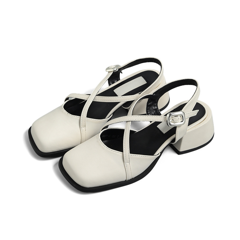 Cuerpo de cordero de hebilla cruzada estilo retrógrado francés sandalias de baquete para mujeres perezosas zapatos de talón grueso Mary Jane
