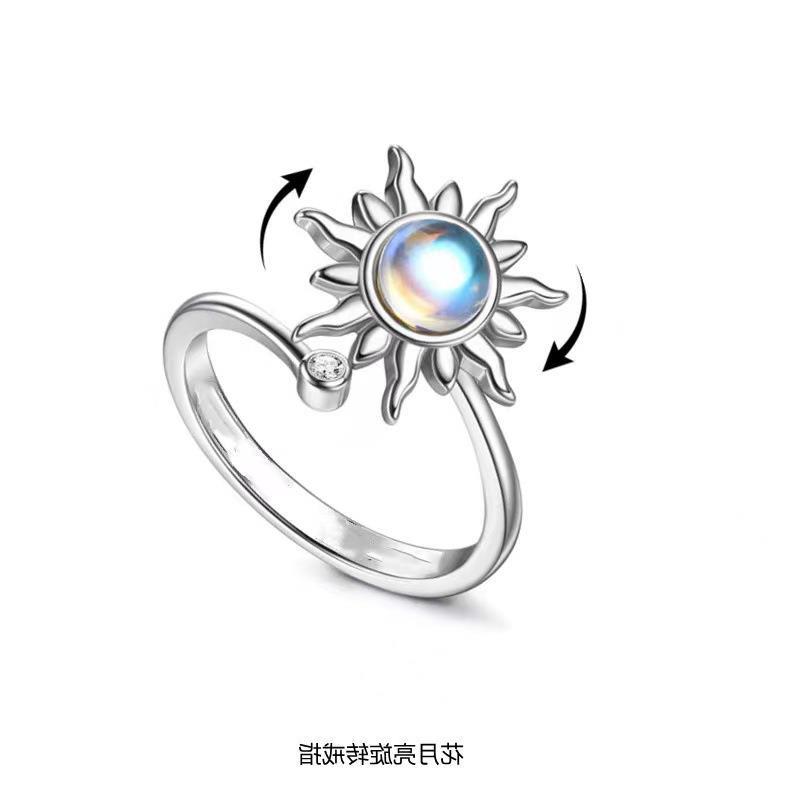 回転可能な太陽の花の月の光の石の指輪の女性のシンプルな組み合わせのアイデアの金はリングの潮流の装飾の卸売りを調節することができます。