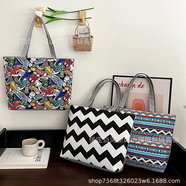 Canvas Printed Bag, Large Capacity, Korean Style Tote Bag, Artistic Floral Fabric, Student Book Bag, Single Shoulder Handbag, Canvas Women's Bag