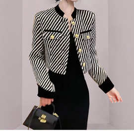 欧货秋冬新款呢子小香名媛风外套女韩版斜条纹百搭气质上衣女