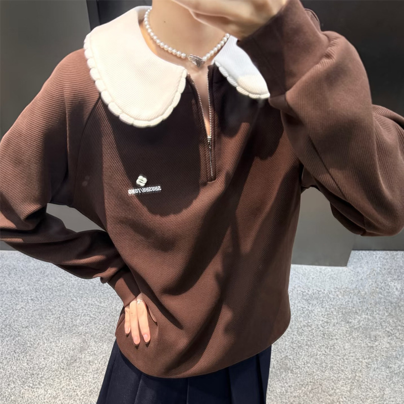 [in Stock] 2025 Autumn/Winter Lace Doll Collar Detachable Loose Pullover Long-Sleeve Zipper Sweatshirt 25842