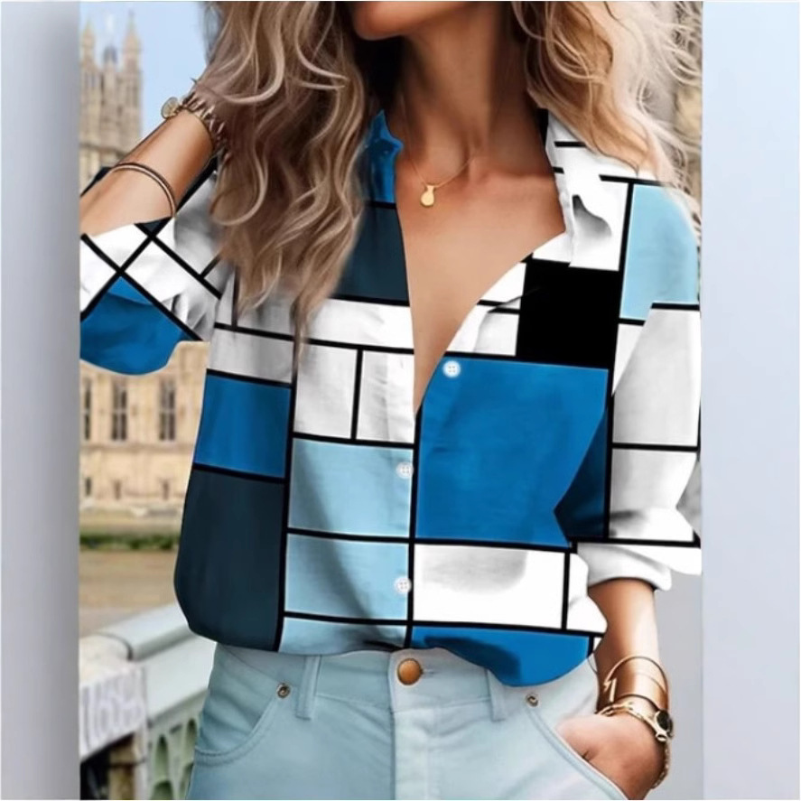 New Foreign Trade Europe and America Cross-border Top 3D Printed Shirt Spring and Autumn Long Sleeve Plaid Single-breasted Cardigan Shirt Women