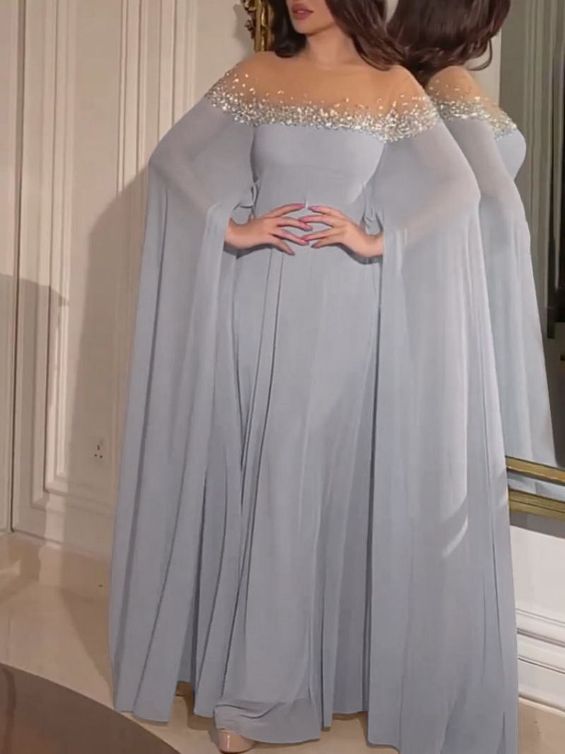 Women's Clothing Temperament Sexy High Waist Hot Diamond Pearl Chiffon Banquet Evening Dress_voghion.com