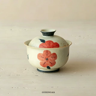 手绘桃花釉下彩三才盖碗 青花火石红陶瓷功夫茶具 家用泡茶敬茶碗