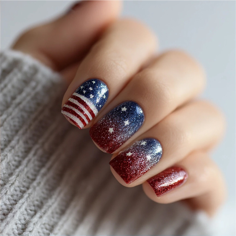 Independence Day American Flag Silver Glitter Flag Stripe Gradient Design Wearable Nail Art Nail Pieces Nail Tips