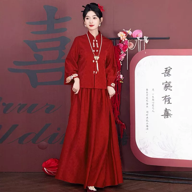 Красное вечернее платье, комплект, сухе традиционное свадебное платье, китайский стиль