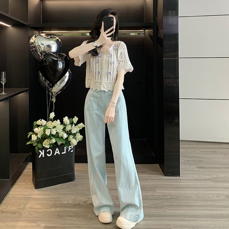 Women's Suit 2026 New Trendy Style for Office Workers, High-End Fashion T-Shirt and Wide-Leg Jeans Set
