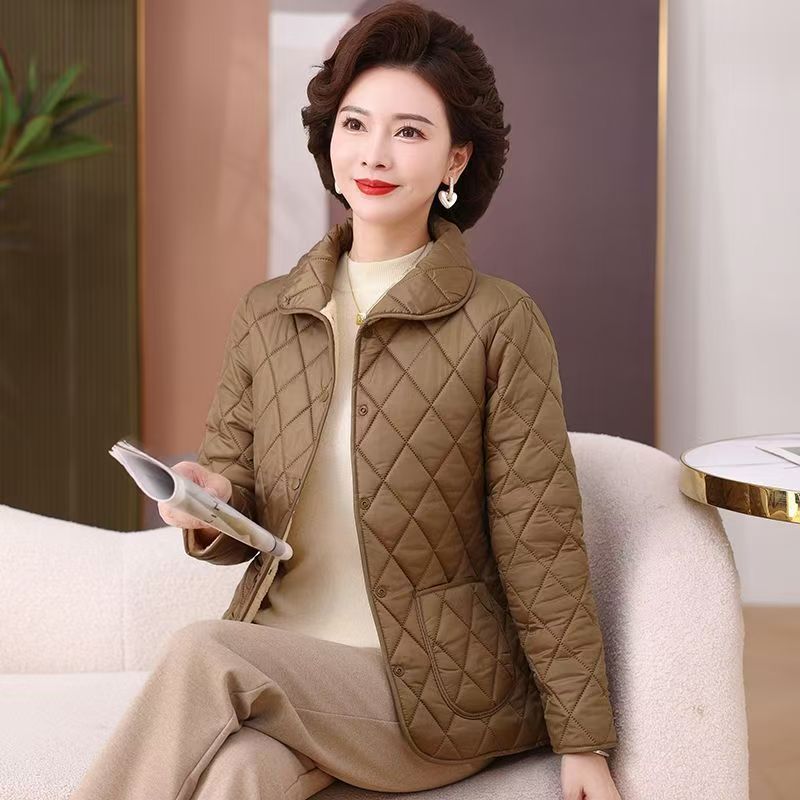 加厚保暖棉衣女娃娃领尼丝纺长袖外套冬季新款菱形格子加绒妈妈棉|undefined