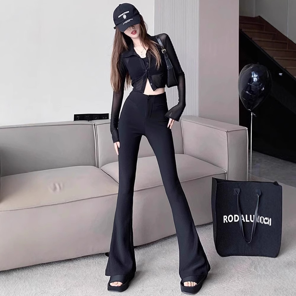 Pantalones de boquilla negras de cintura alta de mujer delgada delgada trajes de pluma micro-Lamar Pantalones de boquilla 2025 nuevo ocio de primavera y otoño