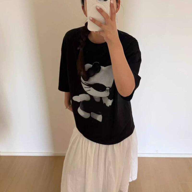 100% Pure Cotton Korean Dongdaemun American-Style Short-Sleeved Women's T-Shirt Summer High Street Black Hello Kitty Loose Top 100% Pure Cotton Korean Dongdaemun American-Style Short-Sleeved Women's T-Shirt Summer High Street Black Hello Kitty Loose Top