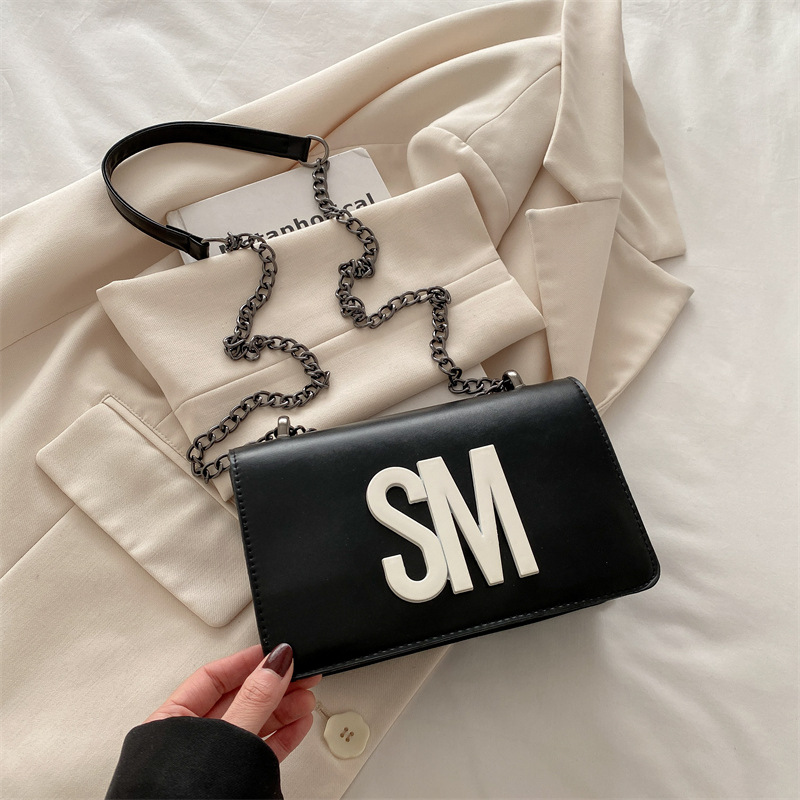 Bolso de mujer de moda versátil, bolso cuadrado de textura, bolso de hombro casual, bolso de cinturón amplio, bolso de letras de mujer