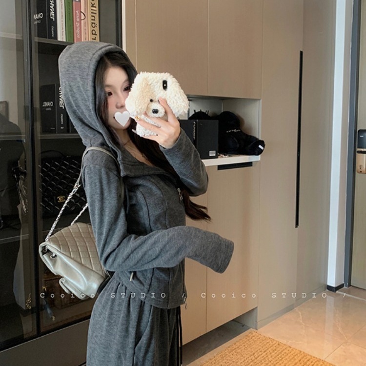 双拉链慵懒连帽长袖卫衣外套女秋季运动套装垂感休闲阔腿裤两件套|undefined