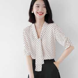 短袖人造丝女夏2025年新款夏季飘带V领波点衬衫时尚百搭衬衣上衣