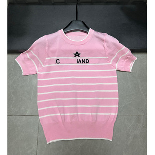 2025 New Summer Style D Letter White Stripesd Short-Sleeved Round Neck Pullover Loose and Versatile Women's Knitted Top
