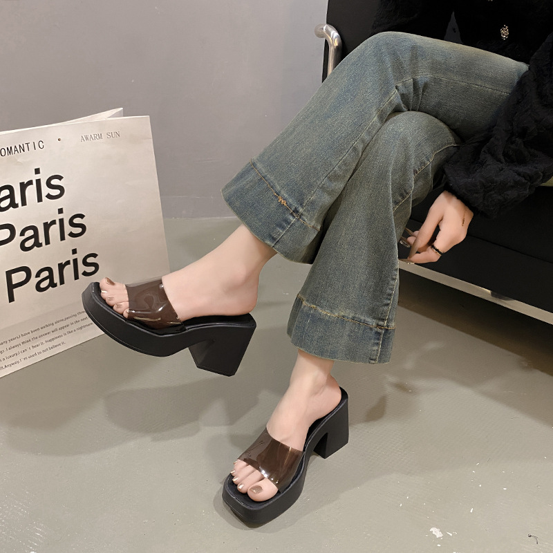 European Style Women's Shoes 2024 New Fashion Transparent One-Strap Sandals Thick Sole Waterproof Platform Square Toe_vogvips.com
