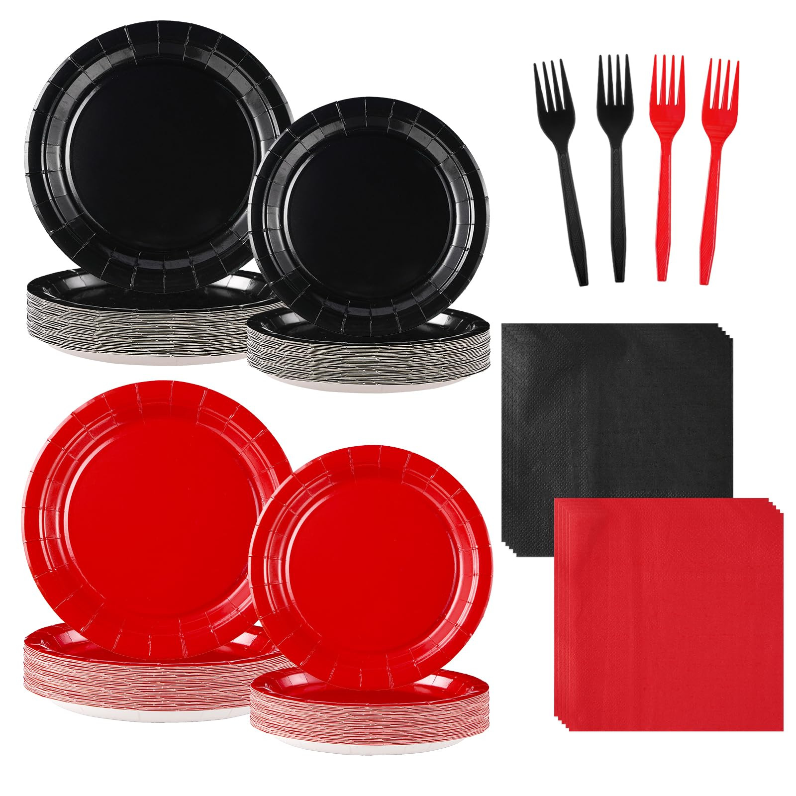 Ventas transfronterizas rojo negro redondo cubiertos desechables juegos de suministros de fiesta platos de papel desechables