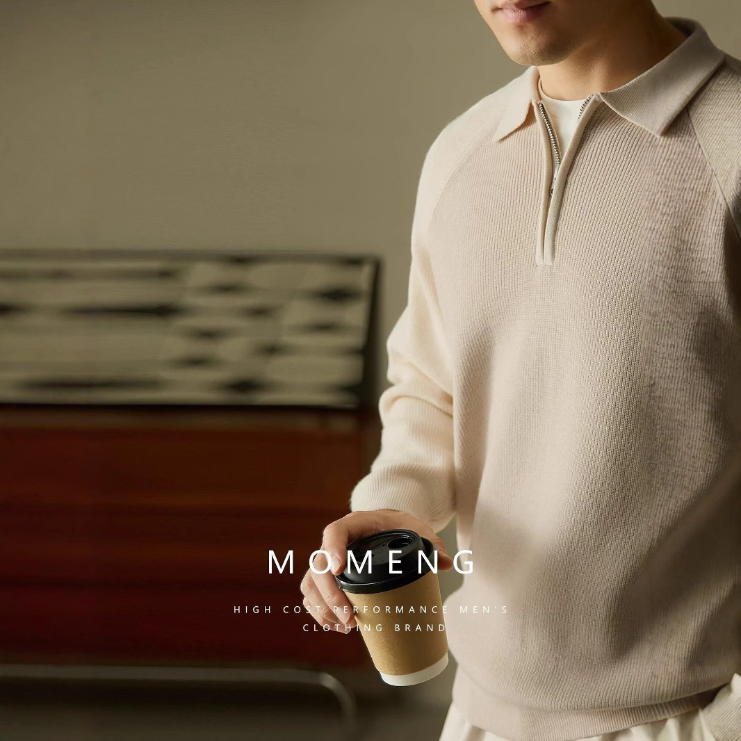 Maglione da uomo con collo a polo e mezza zip, vestibilità slim, maniche raglan, stile casual invernale, con bordi a contrasto_voghion.com