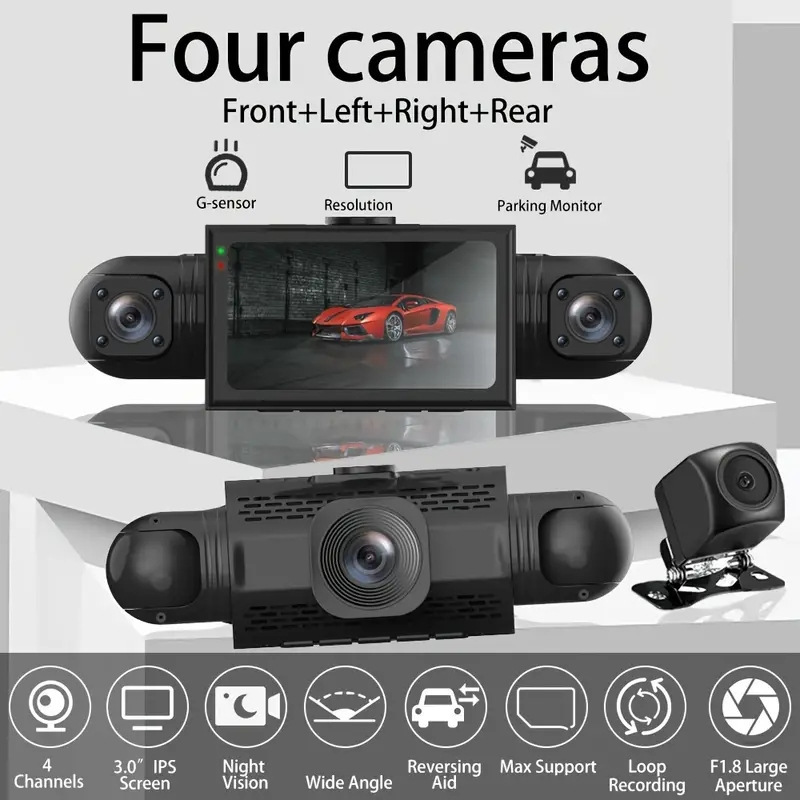 360 Panoramic Dash Cam Recorder HD Night Vision 4-Way Camera WiFi Parking