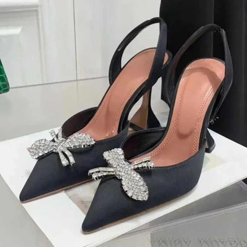 In-Stock High Heels with Pointed Toe, Back Strap, Bowknot, Rhinestone Chain Embellishments, Stiletto, Shallow Mouth Women's Shoes, 2025 New Sandals