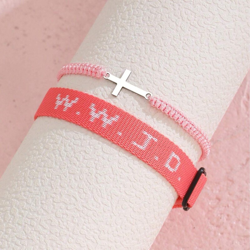 2 Pieces/Set Amazon's New "Wwjd" Wristband Stainless Steel Cross Religious Bracelet Multi-Color Bracelet Set