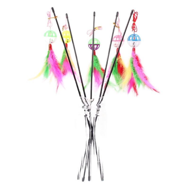 Fábrica al por mayor pluma de colores plástico Bell Ball divertido gato palo pluma cuerda elástica palo gato jugando divertido gato suministros Juguetes