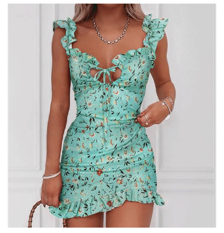 sling ruffled floral imitation cotton and linen short dress  NSHHF53668