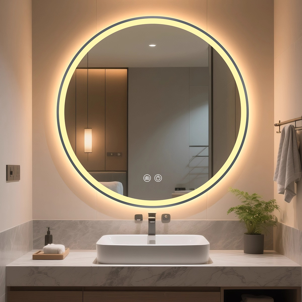 Espejo de baño inteligente Espejo circular Espejo de pantalla táctil Espejo luminoso Espejo de maquillaje montado en la pared Espejo de maquillaje anti-fog