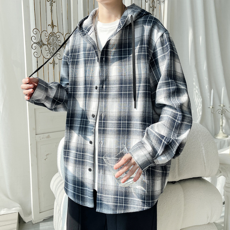 Plaid Hooded Long-Sleeve For Men 2025 Spring New American Retro Style Youth Oversized Loose Shirt Jacket_voghion.com